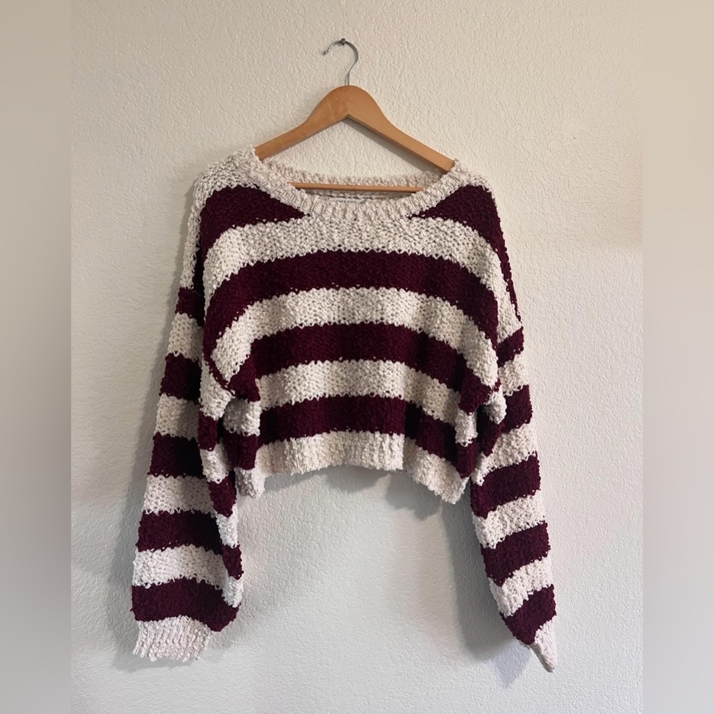 ✨Altar'd State Cropped Striped Maroon Sweater
